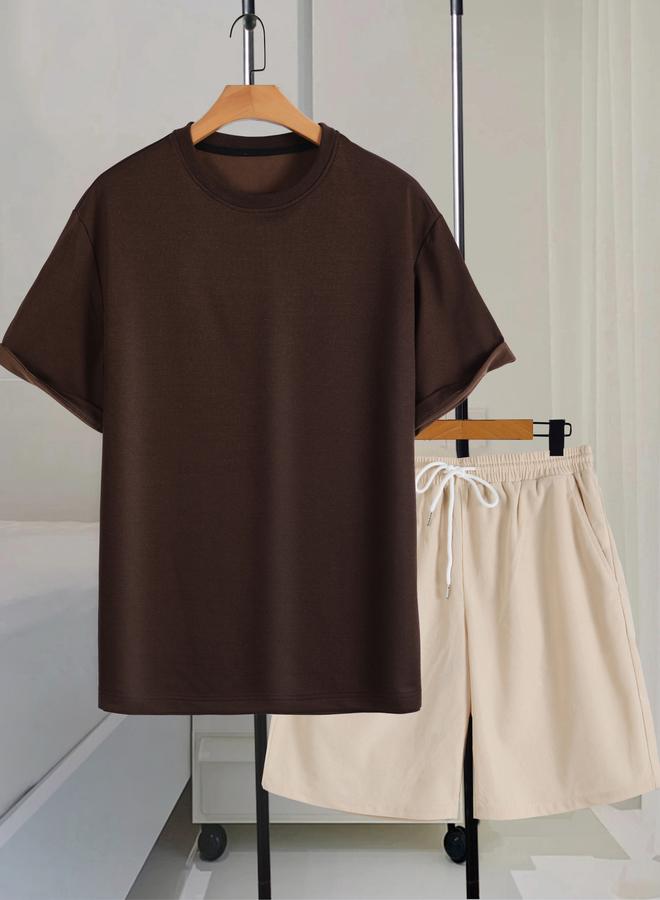 Take Two Men Brown Solid T-Shirt and Shorts Co-Ords - Image 1